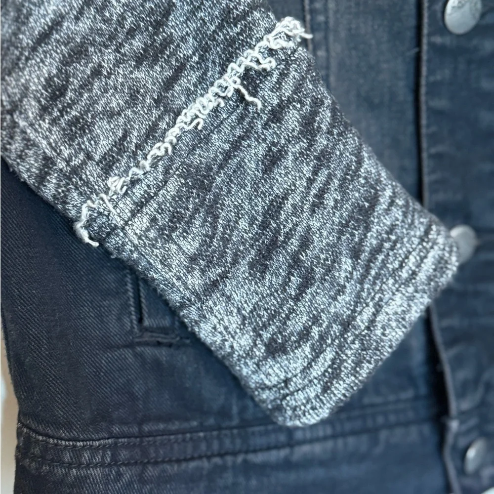 Free People Distressed Black Denim Jacket with Grey Knit Sleeves & Hood in XS